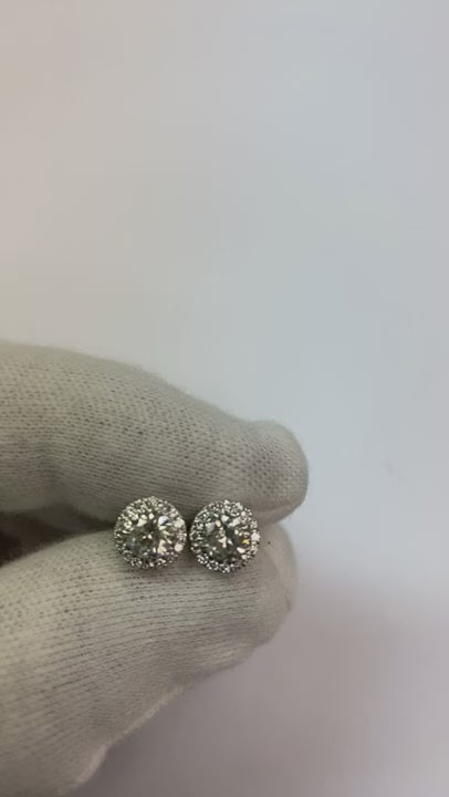 Halo Style Round Natural Earth Mined Diamond Stud Earring 2.20 Carats White Gold 14K