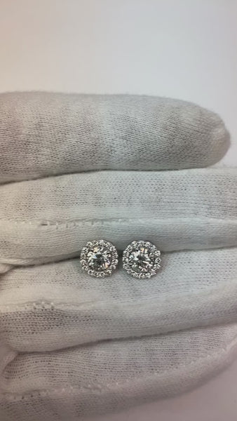 2.10 Carats Round Diamonds White Gold 14K Studs Pair Halo Earrings