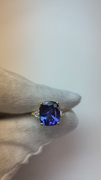 WG 14K AAA Cushion Tanzanite & Trillion Diamonds 6.30 Ct. 3 Stone Ring