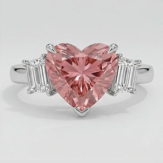 Heart Padparadscha and White Baguette Three Stone Ring Natural Platinum