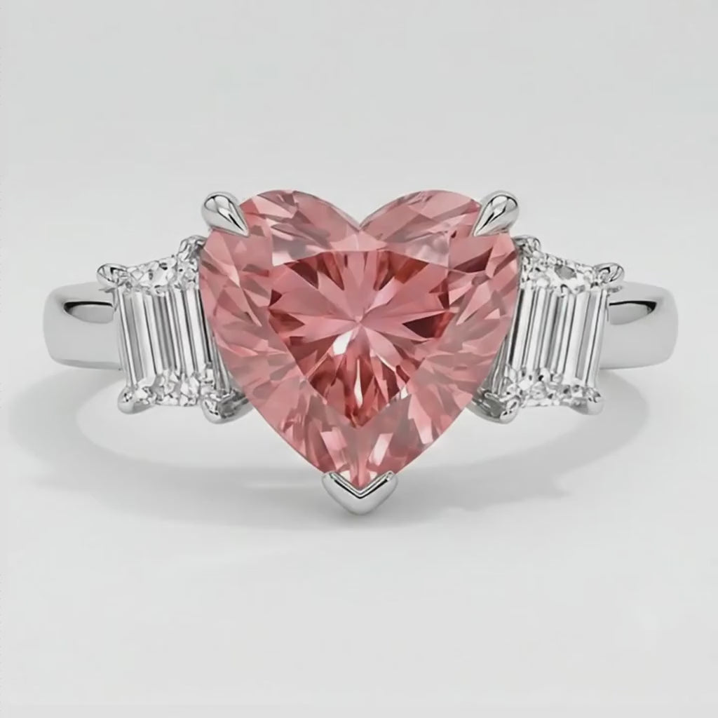 Heart Padparadscha and White Baguette Three Stone Ring Natural Platinum