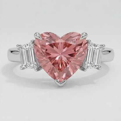 Heart Padparadscha and White Baguette Three Stone Ring Natural Platinum