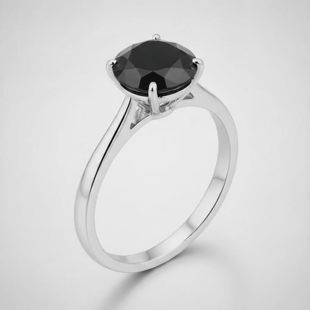 8 Carat Round Black Diamond Solitaire Ring Natural 14K White Gold