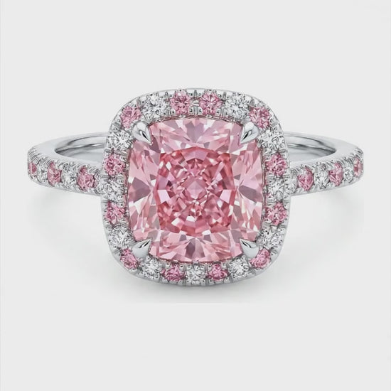 3.75 Carat Cushion Pink Lab Grown Diamond and White Diamond Halo Ring 14K White Gold