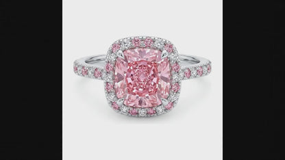 3.75 Carat Cushion Pink Lab Grown Diamond and White Diamond Halo Ring 14K White Gold