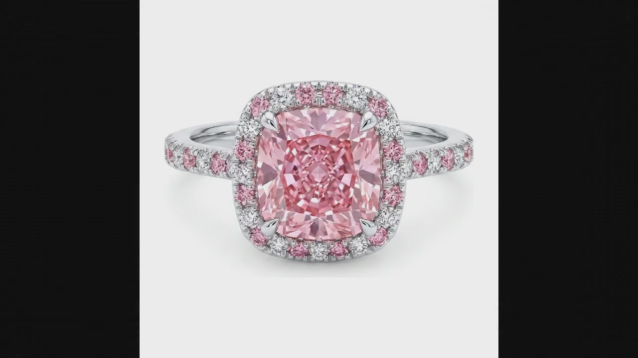3.75 Carat Cushion Pink Lab Grown Diamond and White Diamond Halo Ring 14K White Gold