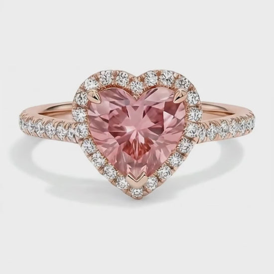 Heart Padparadscha and White Diamond Halo Ring Natural 14K Rose Gold