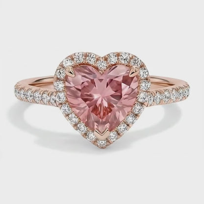 Heart Padparadscha and White Diamond Halo Ring Natural 14K Rose Gold