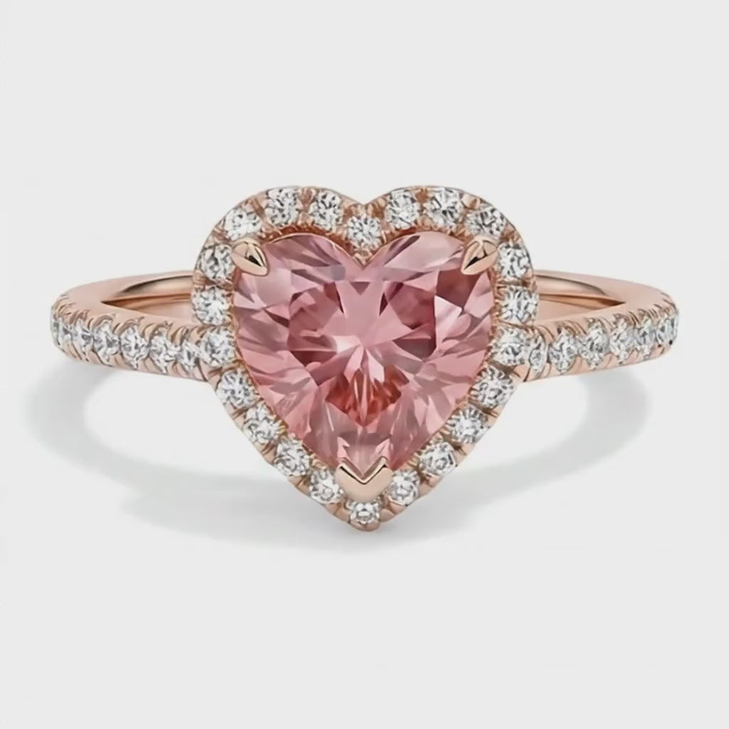 Heart Padparadscha and White Diamond Halo Ring Natural 14K Rose Gold