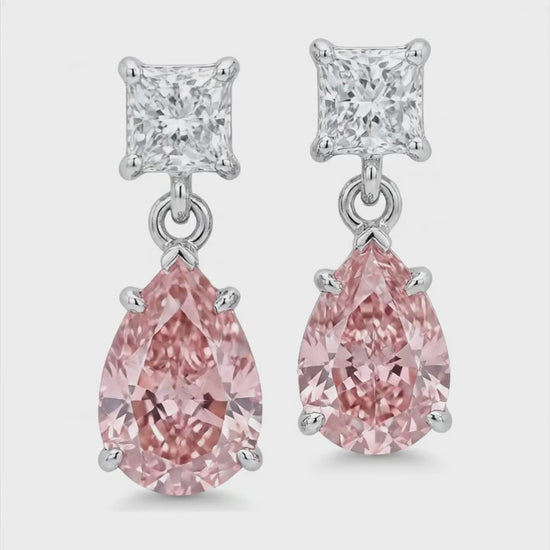 3.5 Carat Pear Pink Lab Grown Diamond and White Diamond Solitaire Earrings 14K White Gold