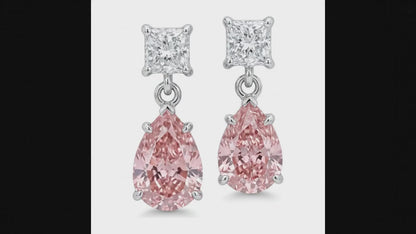 3.5 Carat Pear Pink Lab Grown Diamond and White Diamond Solitaire Earrings 14K White Gold