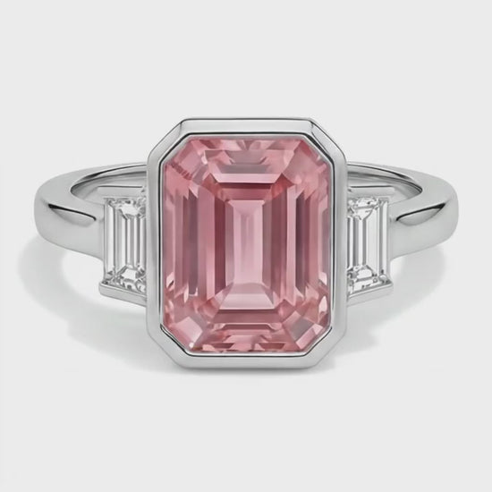 Emerald Padparadscha Bezel Three Stone Ring Natural 14K White Gold
