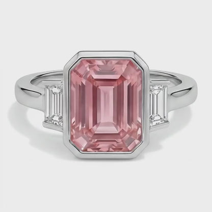 Emerald Padparadscha Bezel Three Stone Ring Natural 14K White Gold