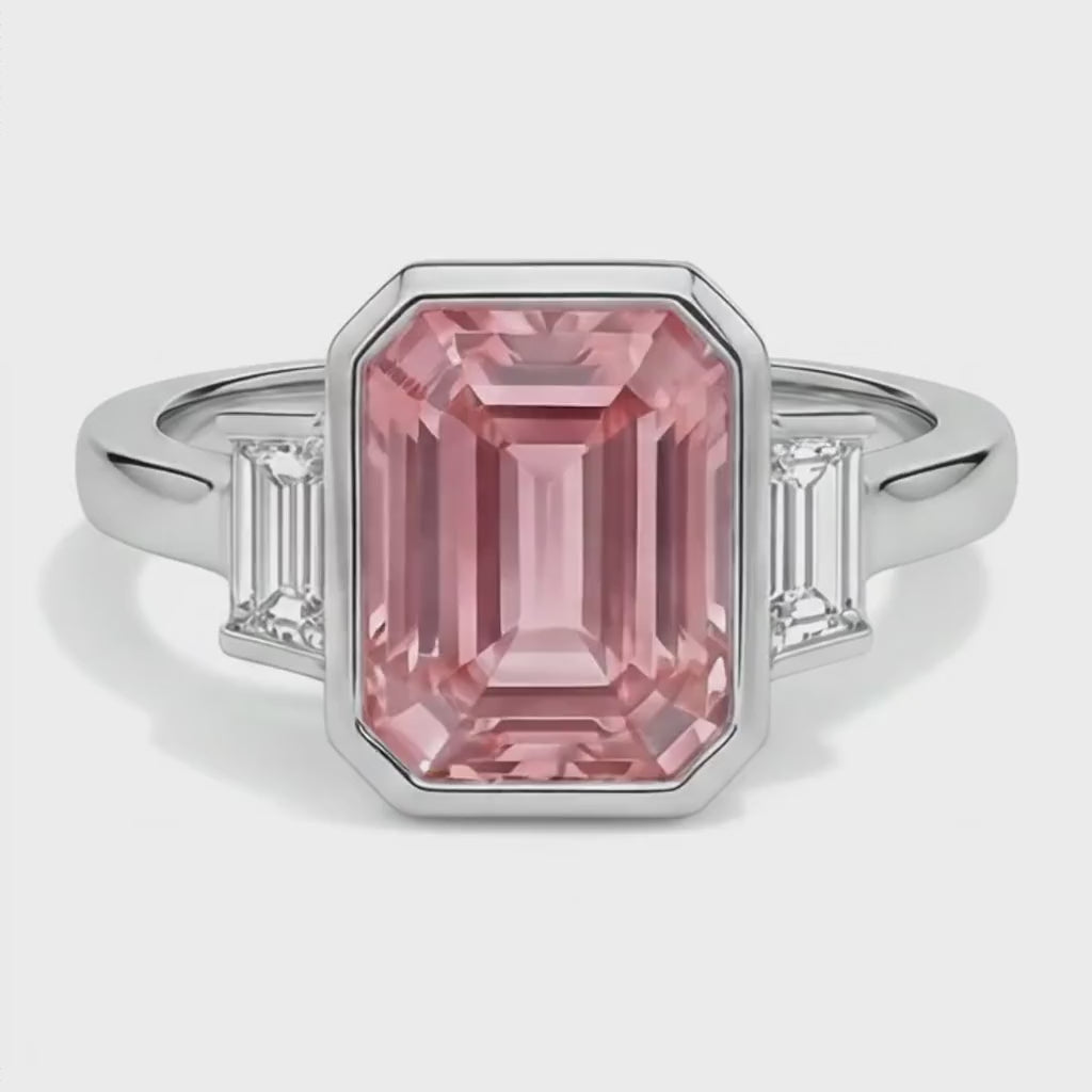 Emerald Padparadscha Bezel Three Stone Ring Natural 14K White Gold