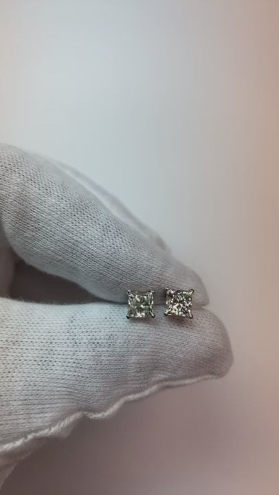 4 Prong Set Princess Natural Earth Mined Diamond Stud Earrings 2.20 Carats White Gold 14K