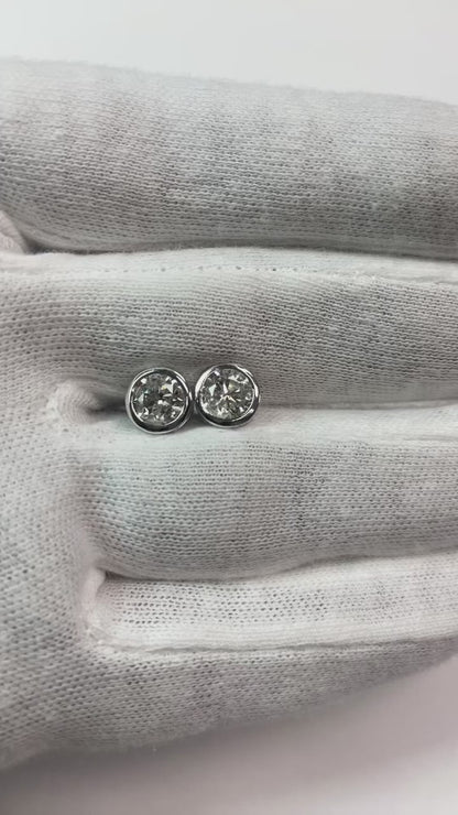 Solitaire Round Natural Earth Mined Diamond Stud Earring Bezel Set 2 Carats White Gold 14K