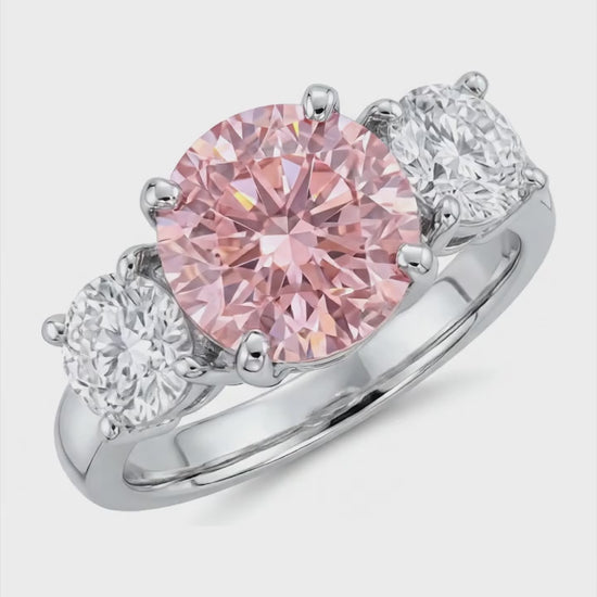 2.5 Carat Round Pink Lab Grown Diamond and White Diamond Three Stone Ring 14K White Gold