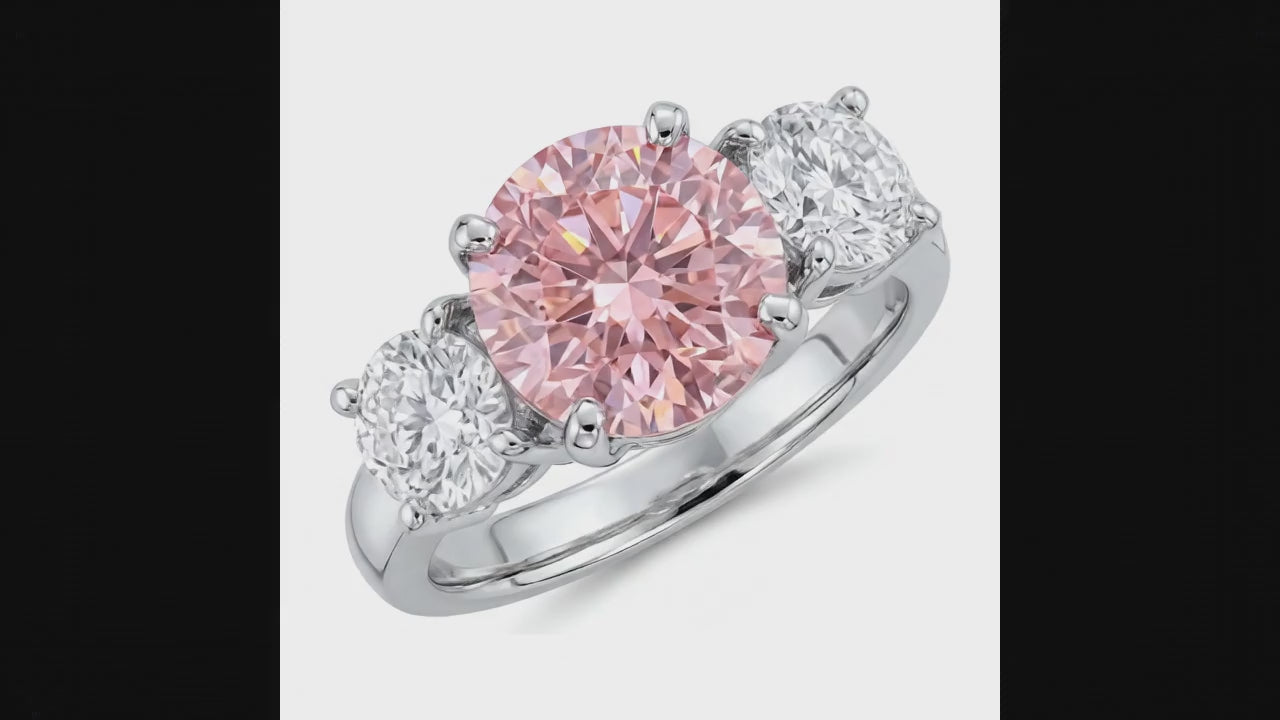 2.5 Carat Round Pink Lab Grown Diamond and White Diamond Three Stone Ring 14K White Gold