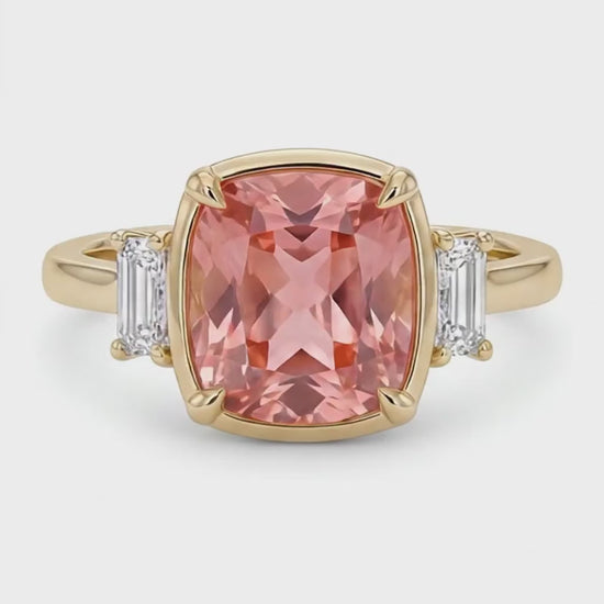 Cushion Padparadscha and White Diamond Three Stone Ring Natural 14K Yellow Gold