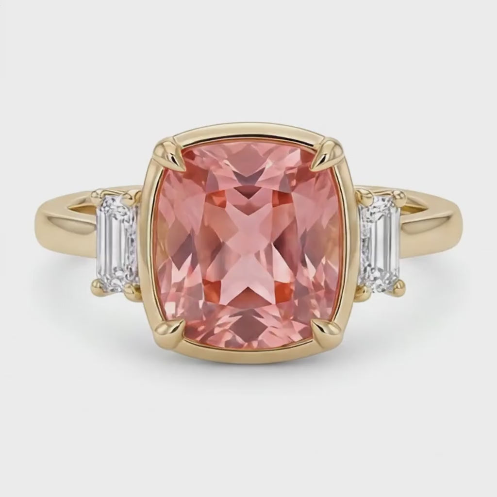 Cushion Padparadscha and White Diamond Three Stone Ring Natural 14K Yellow Gold