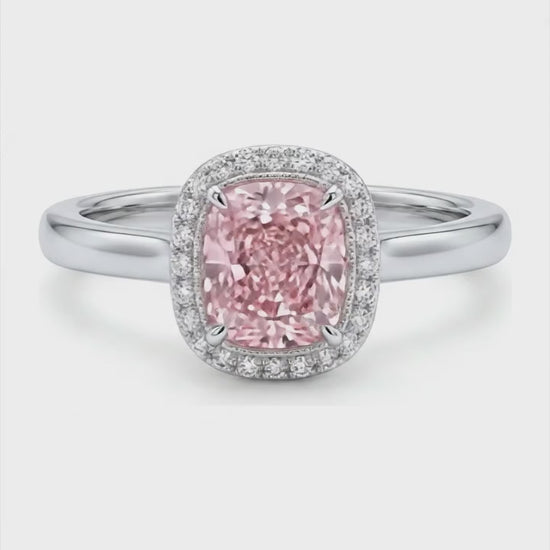 2.75 Carat Cushion Pink Lab Grown Diamond and White Diamond Halo Ring 14K White Gold