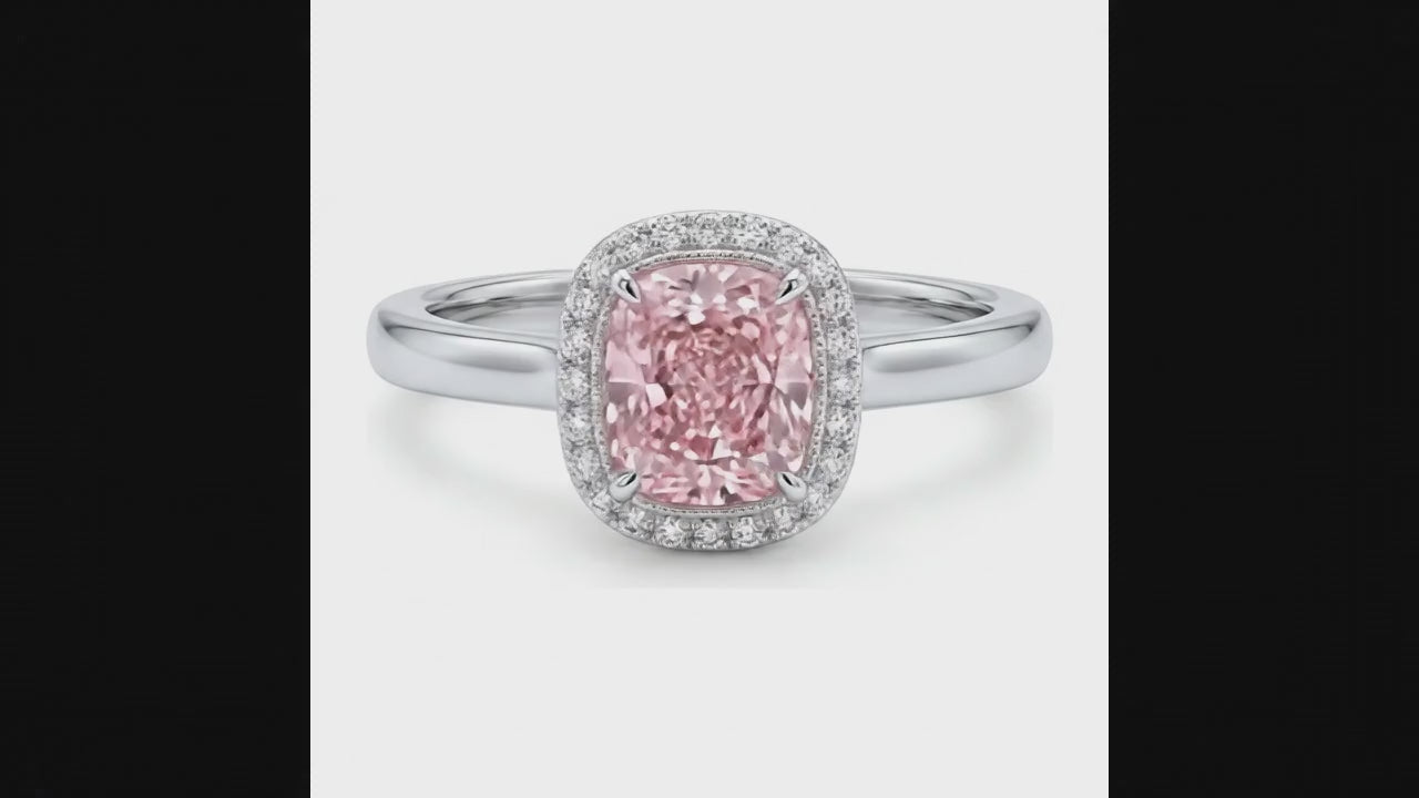 2.75 Carat Cushion Pink Lab Grown Diamond and White Diamond Halo Ring 14K White Gold