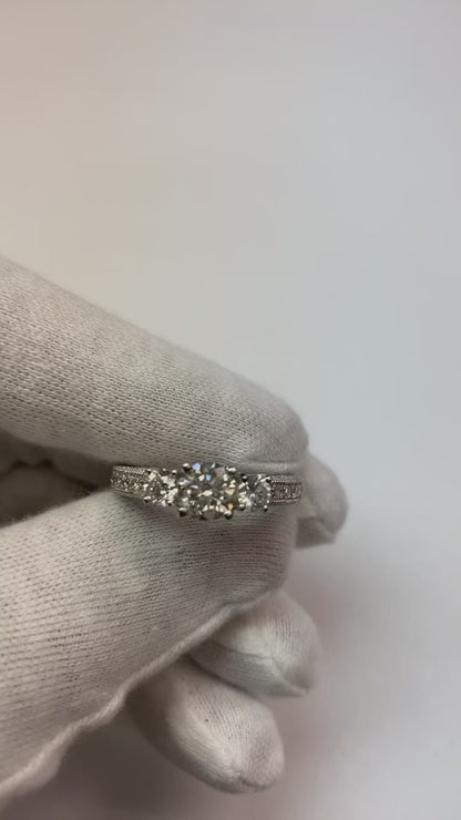 2.50 Carat Filigree Antique Style 3 Stone Natural Earth Mined Diamond Engagement Ring