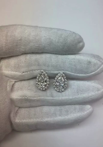 Pear & Round Cut Mined Diamonds Stud Earrings 3.32 Carats White Gold 14K