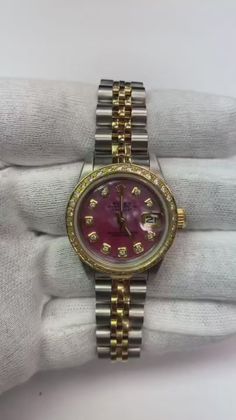 Rolex Ladies 18K Yellow Gold Pink Dial set Diamond Watch