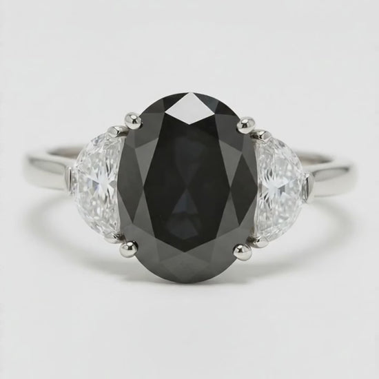 Oval Black Diamond and White Half Moon Three Stone Ring Natural 14K White Gold