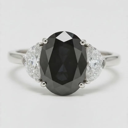 Oval Black Diamond and White Half Moon Three Stone Ring Natural 14K White Gold