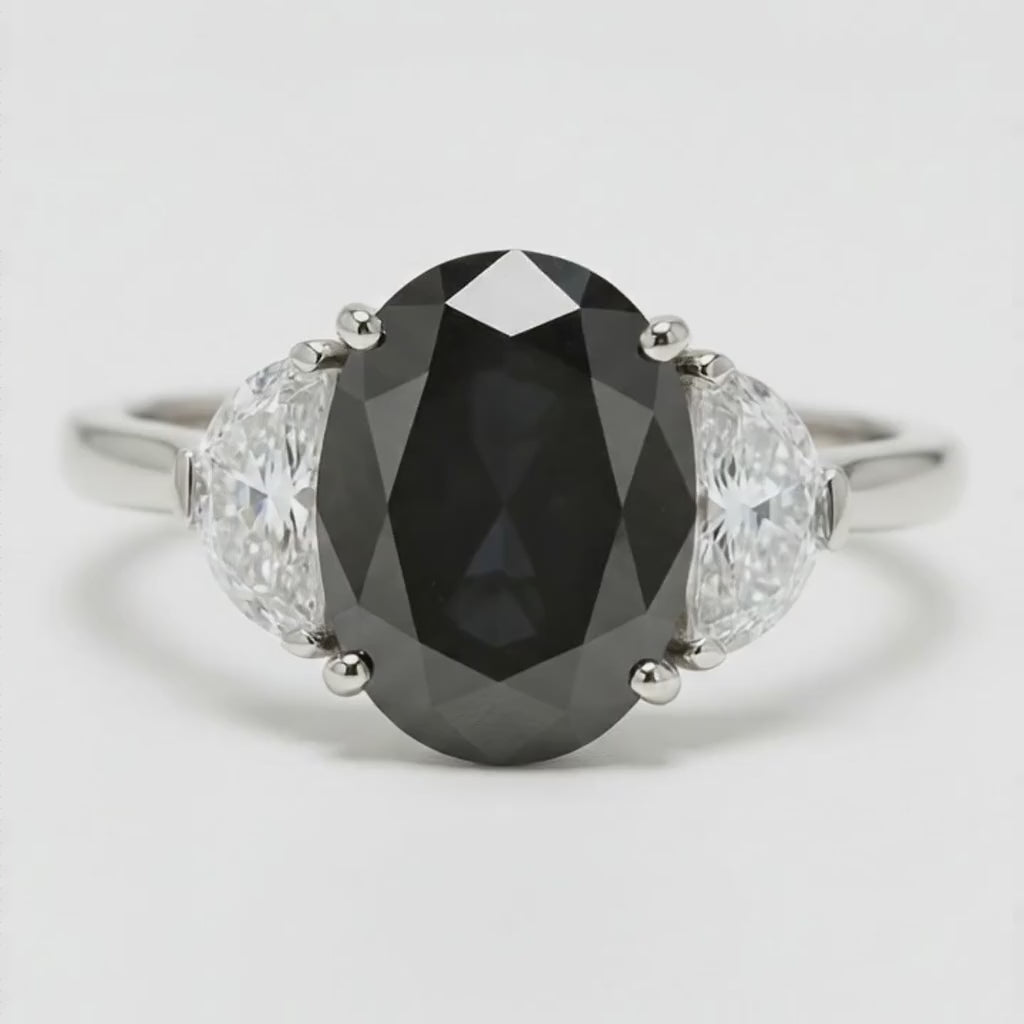 Oval Black Diamond and White Half Moon Three Stone Ring Natural 14K White Gold