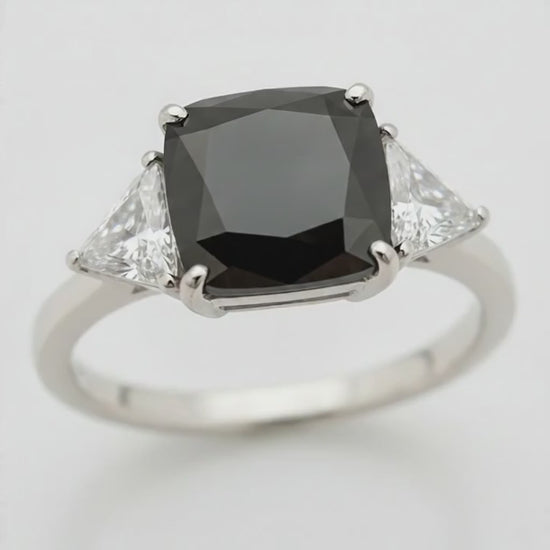 Cushion Black Diamond and White Trilliant Three Stone Ring Natural 14K White Gold