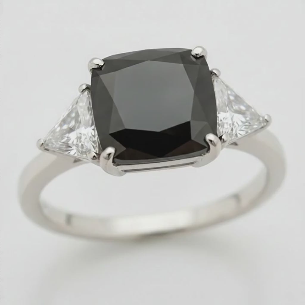 Cushion Black Diamond and White Trilliant Three Stone Ring Natural 14K White Gold