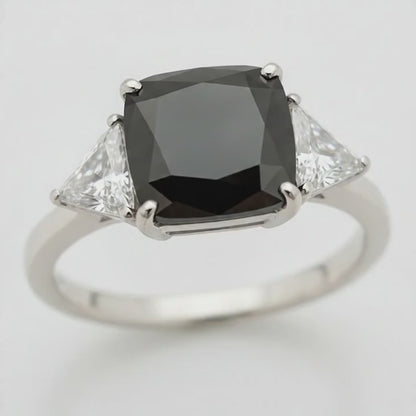 Cushion Black Diamond and White Trilliant Three Stone Ring Natural 14K White Gold