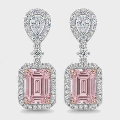 Pink Diamond Drop Earrings 5 Carat Lab Grown Emerald Cut Halo 14K White Gold