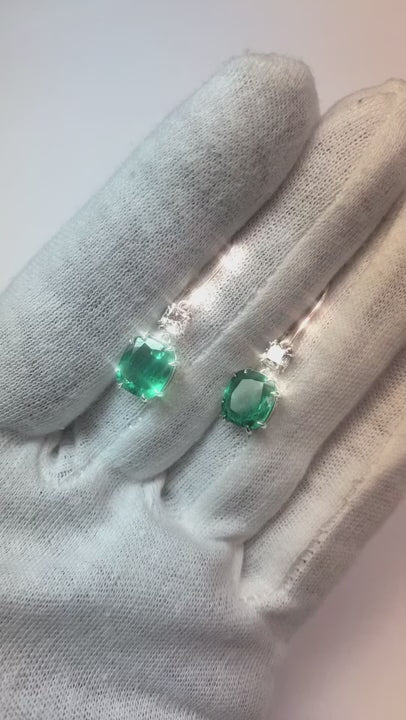 6.80 Ct Green Emerald With Natural Earth Mined Diamond Dangle Earrings 14K White Gold