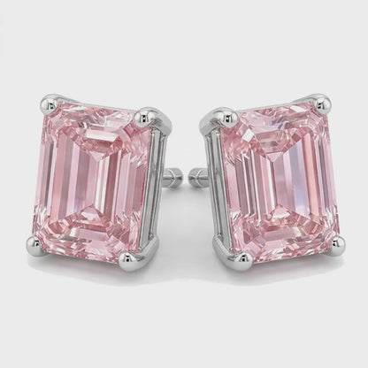 Pink Diamond Stud Earrings 3 Carat Lab Grown Emerald Cut 14K White Gold