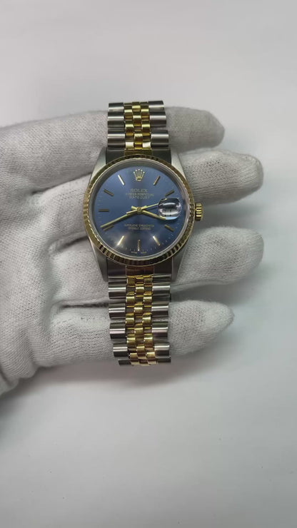 Two Tone Rolex Date Just Watch Blue Stick Dial Oyster Perpetual Jubilee QUICK SET
