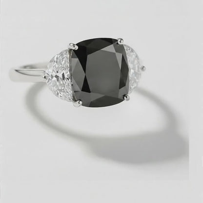 Cushion Black Diamond and White Half Moon Three Stone Ring Natural 14K White Gold