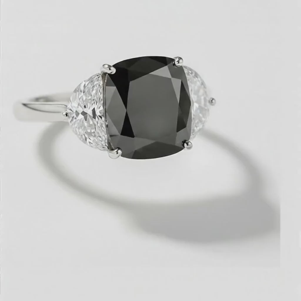 Cushion Black Diamond and White Half Moon Three Stone Ring Natural 14K White Gold