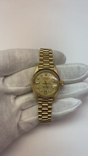 Rolex President Diamond Dial Fluted Bezel Yellow Gold Lady Watch