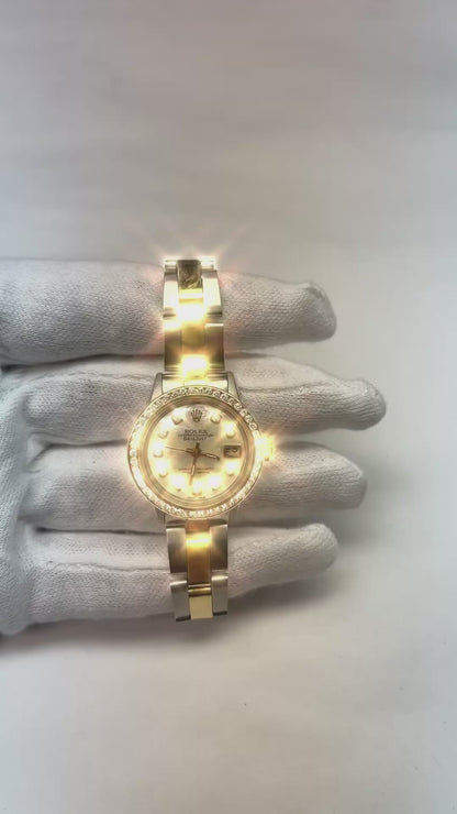 Rolex Datejust 26 mm White Mother Of Pearl Diamond Dial Two Tone Oyster Bracelet Watch