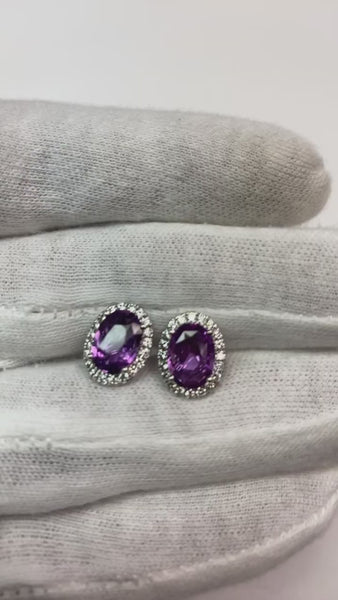 Purple Sapphire Halo Diamond Stud Earrings