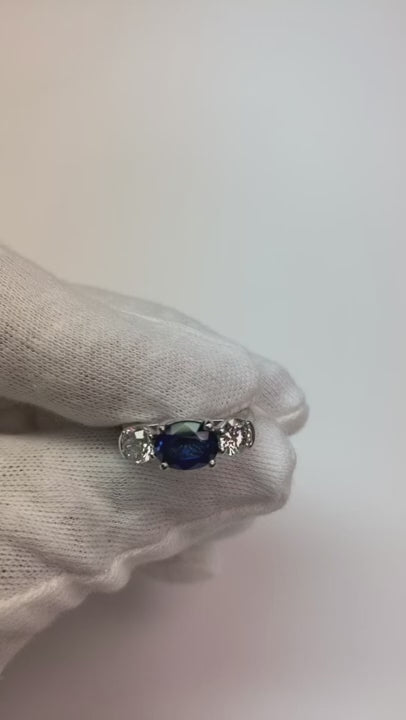 3 Stone Ring Oval And Round Cut Ceylon Sapphire & Natural Earth Mined Diamond 5 Carats New