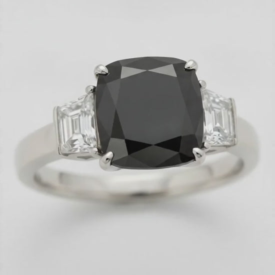Cushion Black Diamond and White Trapezoid Three Stone Ring Natural 14K White Gold