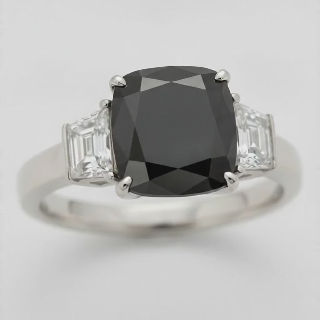 Cushion Black Diamond and White Trapezoid Three Stone Ring Natural 14K White Gold