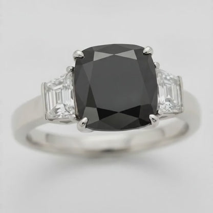 Cushion Black Diamond and White Trapezoid Three Stone Ring Natural 14K White Gold
