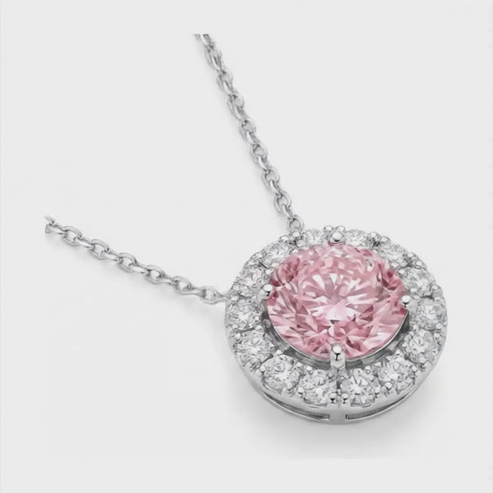 2 Carat Round Pink Lab Grown Diamond and White Diamond Halo Pendant 14K White Gold