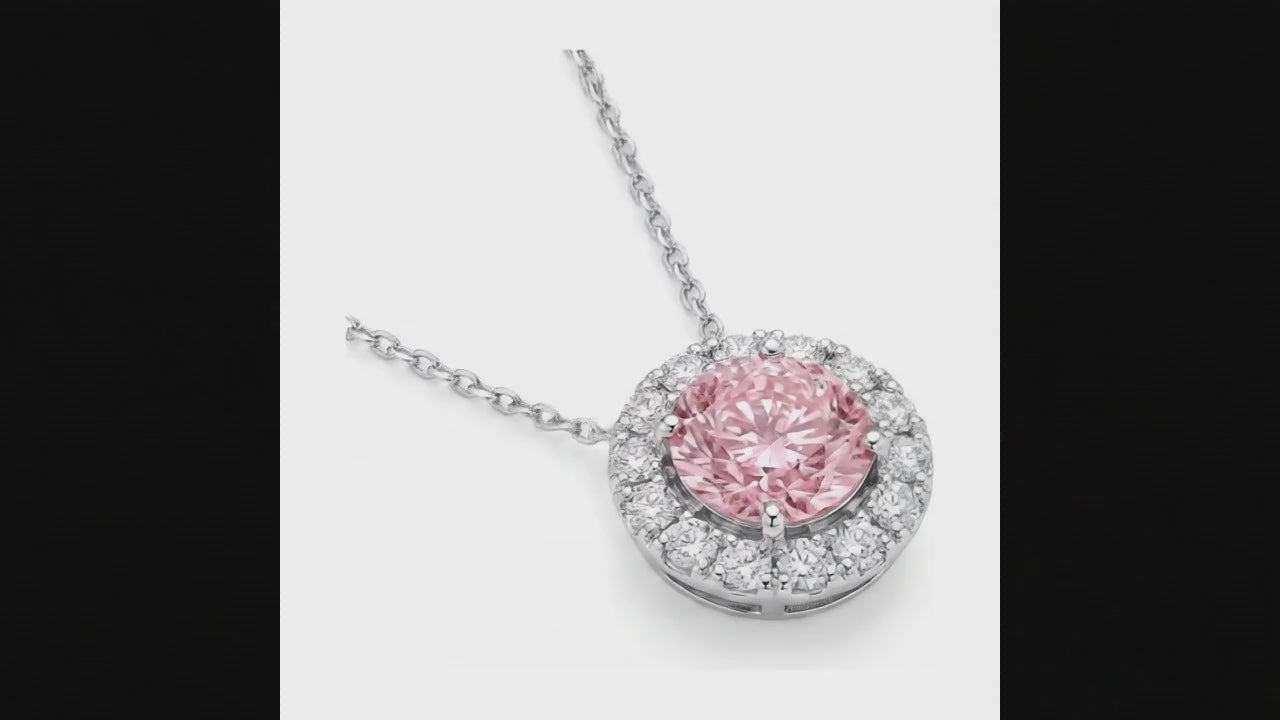 2 Carat Round Pink Lab Grown Diamond and White Diamond Halo Pendant 14K White Gold
